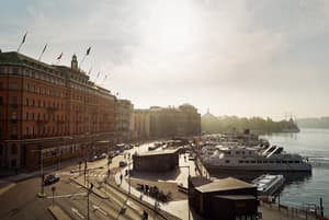 View of the Grand Hotel on the water in Stockholm, Sweden